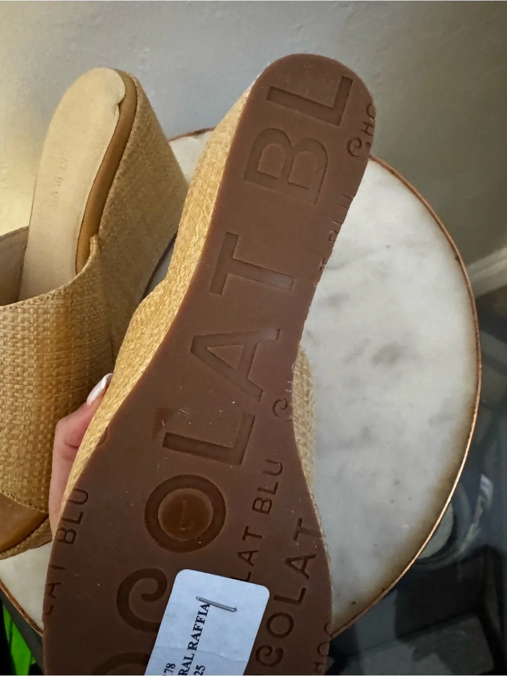 Chocolat Blu Tan Woven Slide Wedge Mules